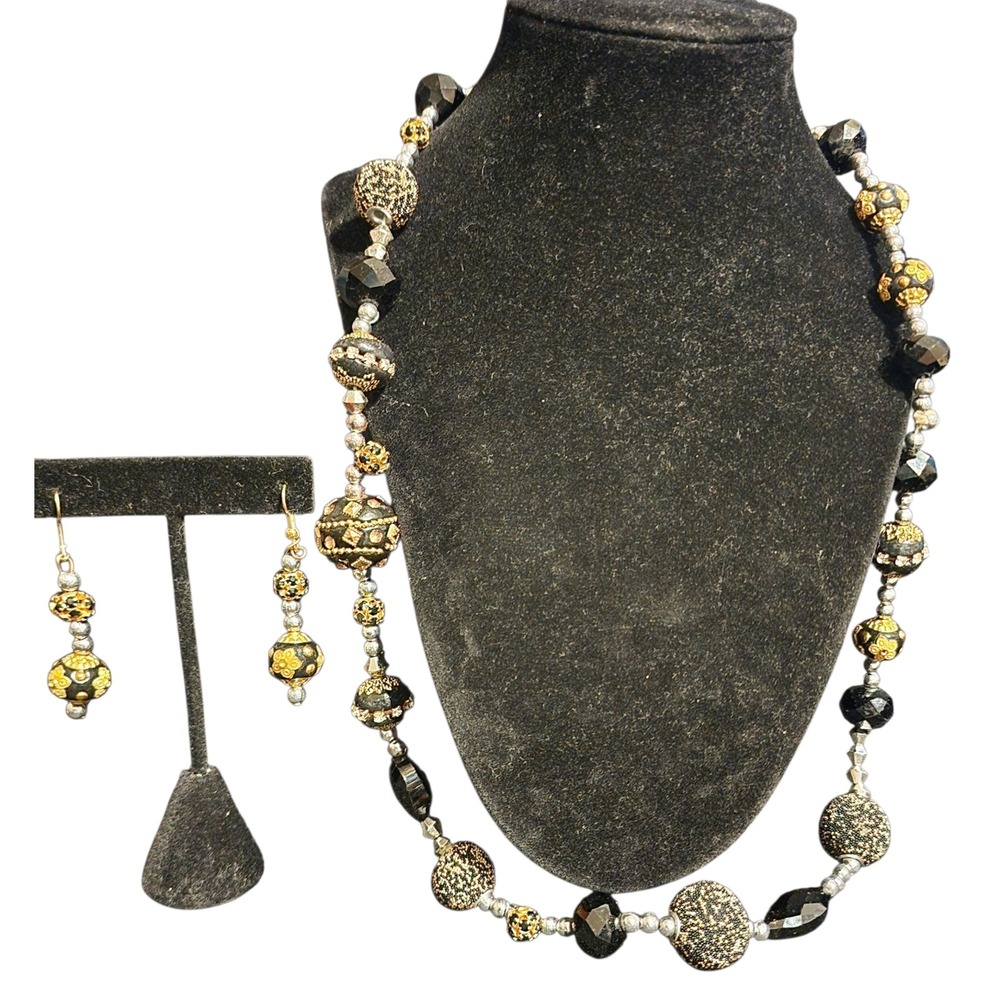 Black Gold Silver Beaded Statement Necklace Drop Earrings Jewelry Set 27in